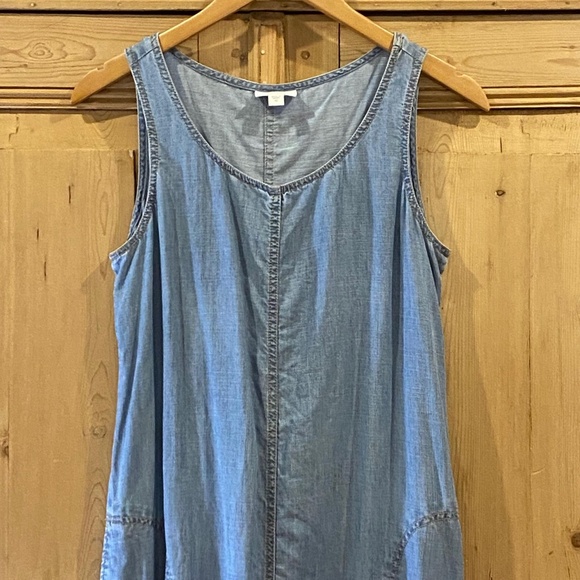 J.Jill Blue Denim Linen Blend Shift Jumper Sleeveless Dress Pockets Size XS - Picture 2 of 7